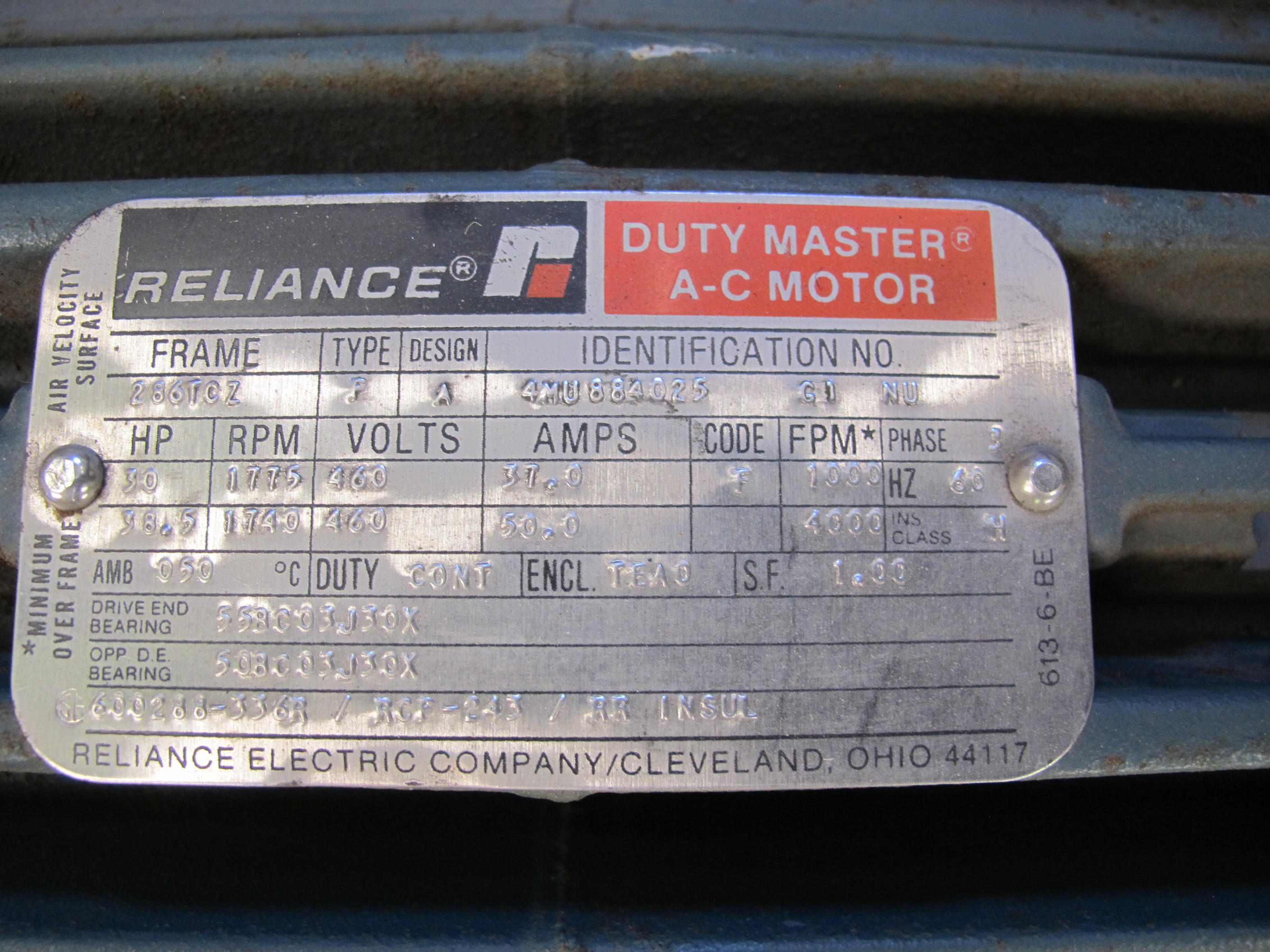 MOTOR, ELECTRIC TYPE, 30 HORSEPOWER, 460VAC 3 PHASE ELEC RATING, 1775 RPM, 286TCZ FRAME, 37.8 AMPS, TEAO ENCLOSURE, 1.0 SERVICE FACTOR. 0.5KW, 480V SPACE HEATER, PART # 8YF881423 (W-44) LOADING & HANDLING FEE $15-
